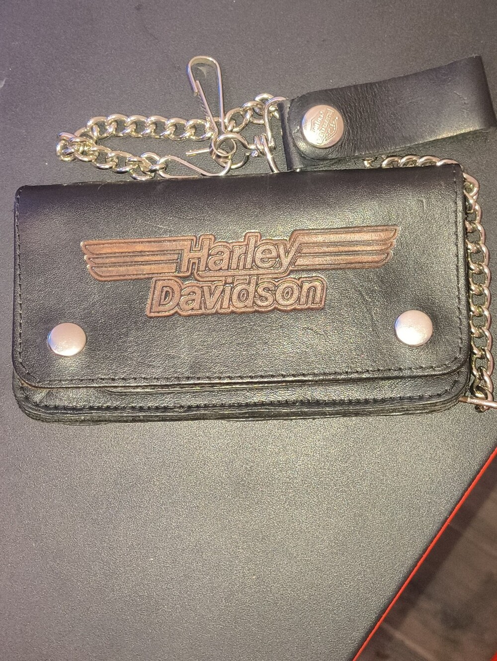 Harley-Davidson Black Leather Wallet with Bronze Logo and Silver Chain